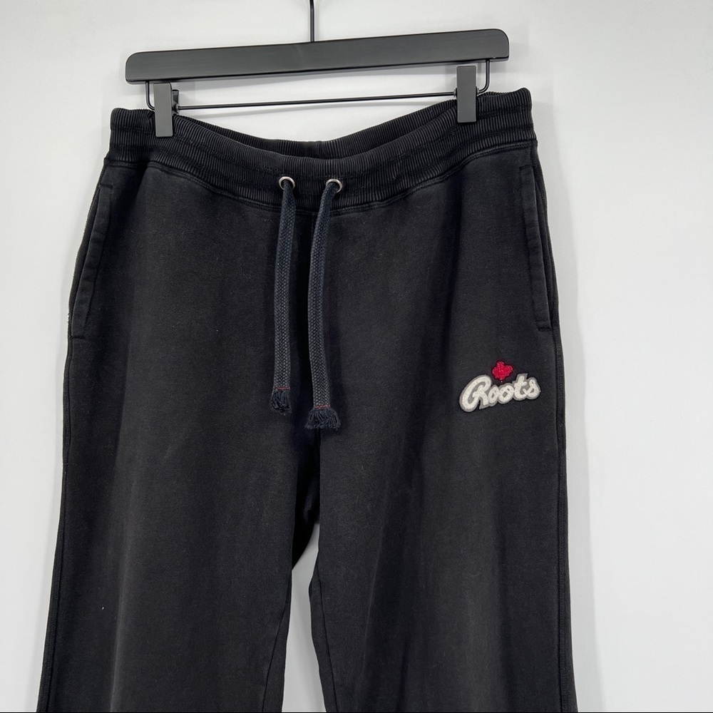 Roots 73 Athletics faded black logo embroidered wide leg pull-on pants.